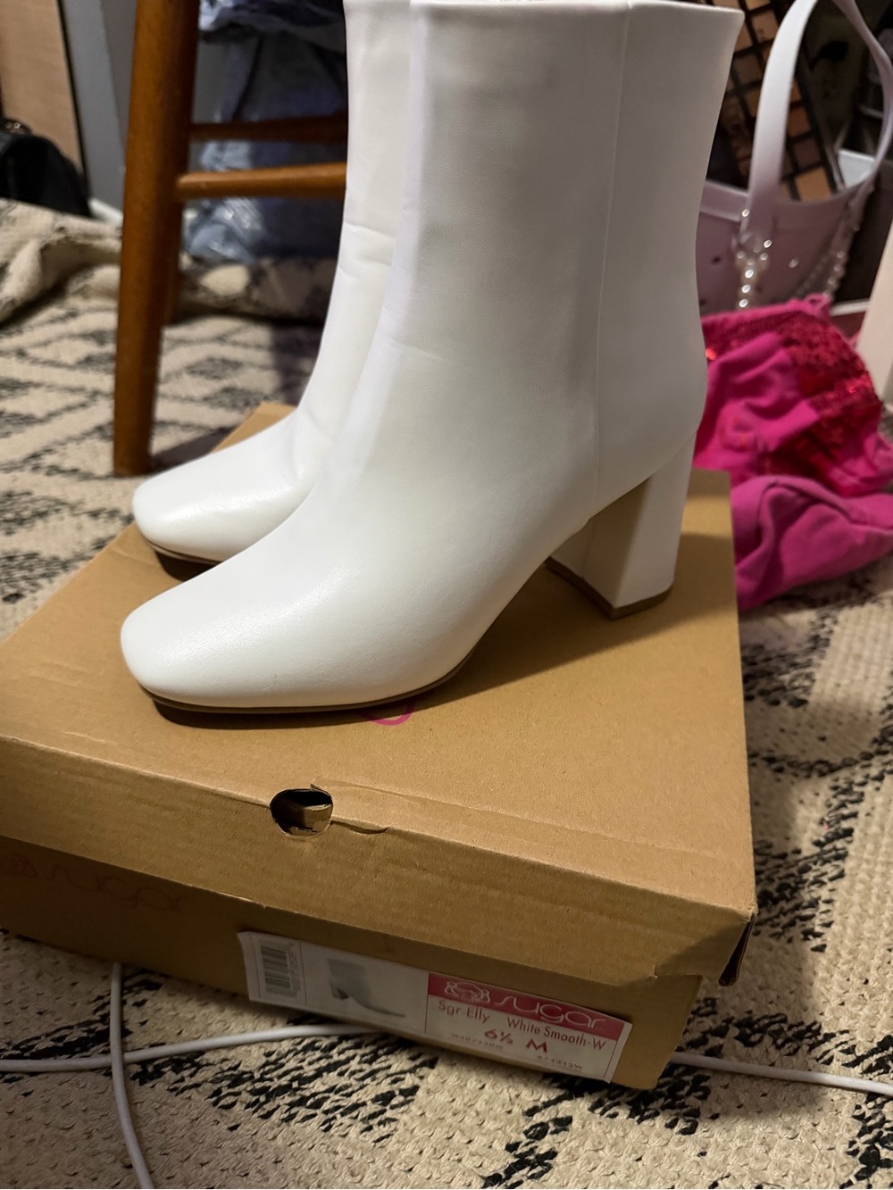 Sugar White Square-Toe Block Heel Ankle Boots
